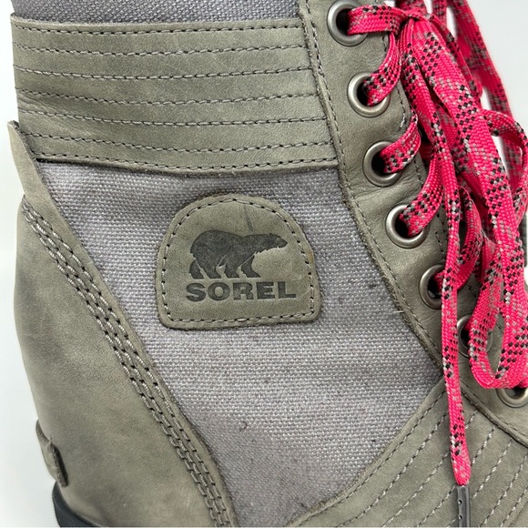 Sorel Lexie Leather Distressed Wedge Waterproof Boots Size 7.5 Grey Olive Green - Picture 3 of 15